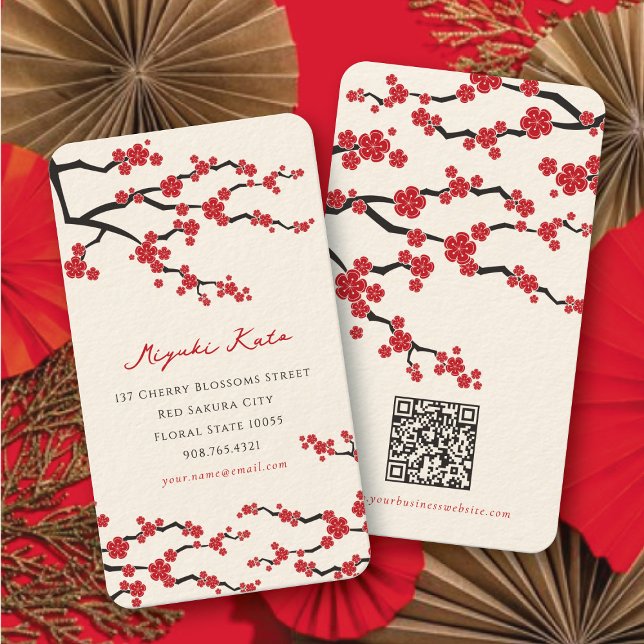 Tarjeta de perfil de flores de cerezo orientales d (Elegant Red Sakura Flowers Modern Oriental Chic Cherry Blossoms Business / Profile Card @ fatfatin)