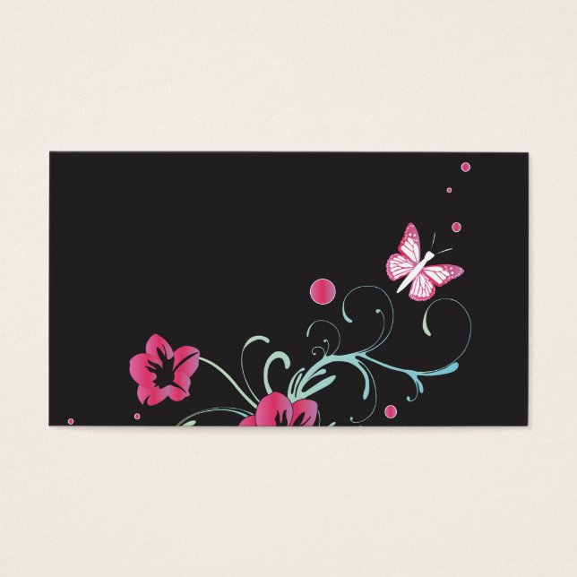 Tarjeta de perfil de flores y mariposas rosadas (Frente)