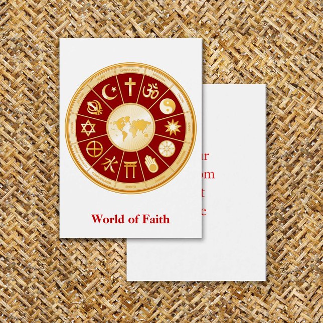 Tarjeta de perfil poderosa del mundo de la fe (World of Faith Flat Greeting Card. Gold symbols of international religions surround a world map. )