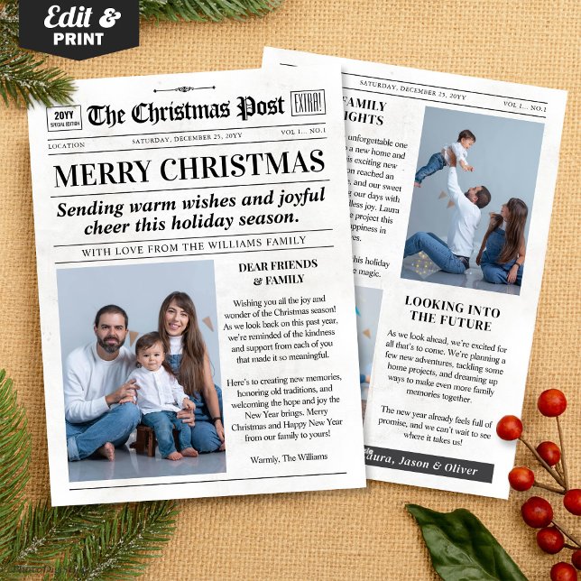 Tarjeta de periódico de Navidad personalizada, fot (Custom Christmas Newspaper Card, Christmas Photo Holiday Card)