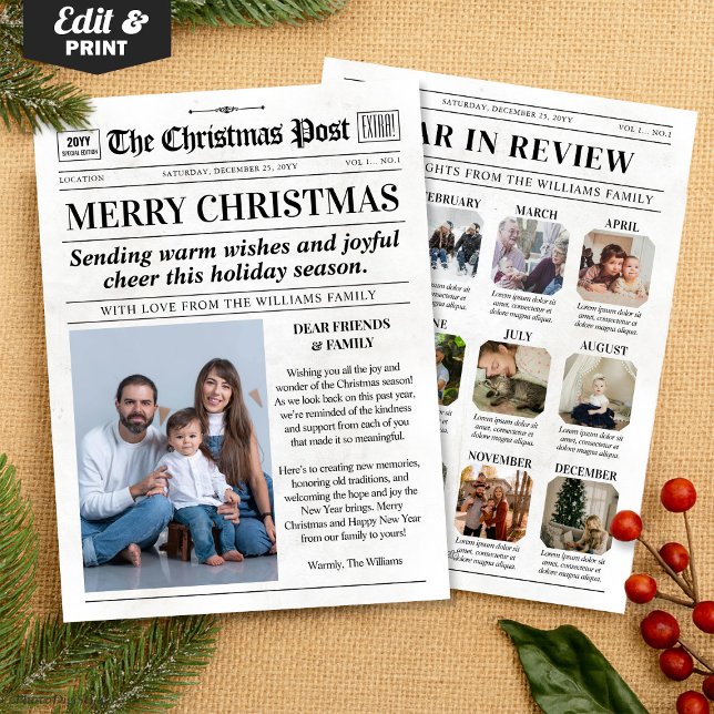 Tarjeta de periódico de Navidad personalizada, res (Custom Christmas Newspaper Card, Year in Review Holiday Card)