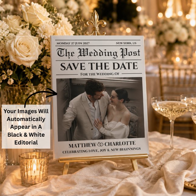Tarjeta de periódico para guardar la fecha de la b (Newspaper Save the Date Wedding Black and white photo Card)