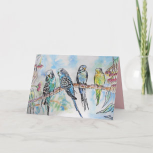 Tarjeta de periquitos y capullos de eucalipto herm