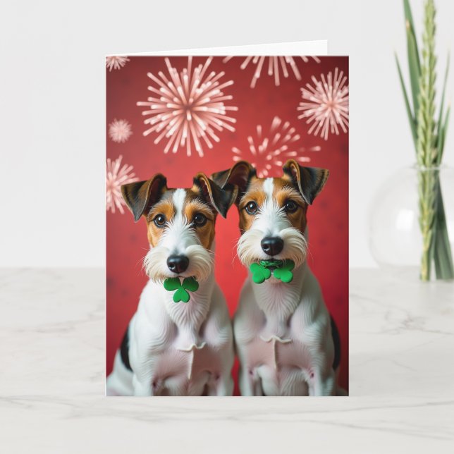 Tarjeta de perro con fuegos artificiales rojos (Anverso)
