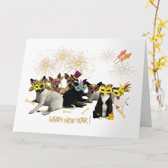 Tarjeta de Perro de Año Nuevo Feliz (flor amarilla)