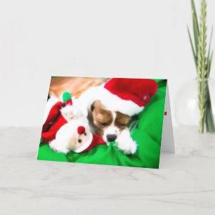 Tarjeta de perro de Navidad cachorro durmiendo con