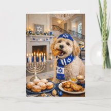 Tarjeta de perro feliz de Janucá – Golden Doodle j