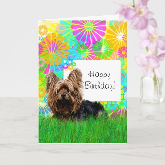 Tarjeta de perro yorkie feliz cumpleaños (Orquídea)
