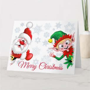 Tarjeta de personajes de Navidad de Santa y duende
