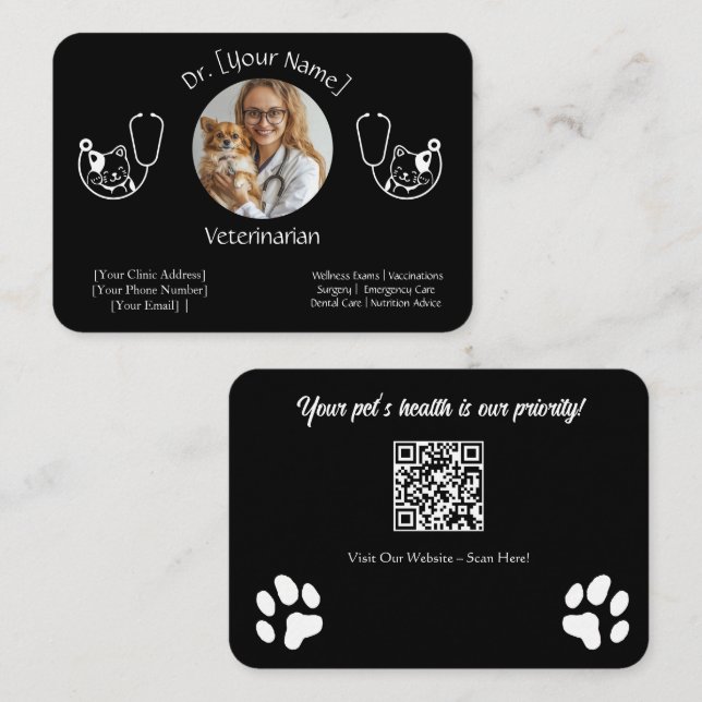 Tarjeta de personalizable Negra para Veterinarios (Anverso / Reverso)