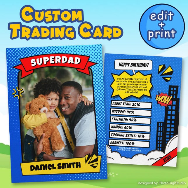 Tarjeta de personalizado de Comic Superdad de Cump (Custom Birthday Card Comic Super Dad Trading Card)
