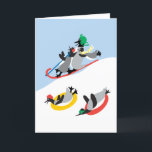 Tarjeta de Personalizado de durmiendo para pingüin<br><div class="desc">¡Simplemente diversión! Una imagen nevada del trineo de los pingüinos. ¡Es adorable! El diseño original del artista,  dag dart,  es muy caprichoso y alegre. La tarjeta se puede personalizar. Puedes cambiar el saludo interno a lo que quieras.</div>