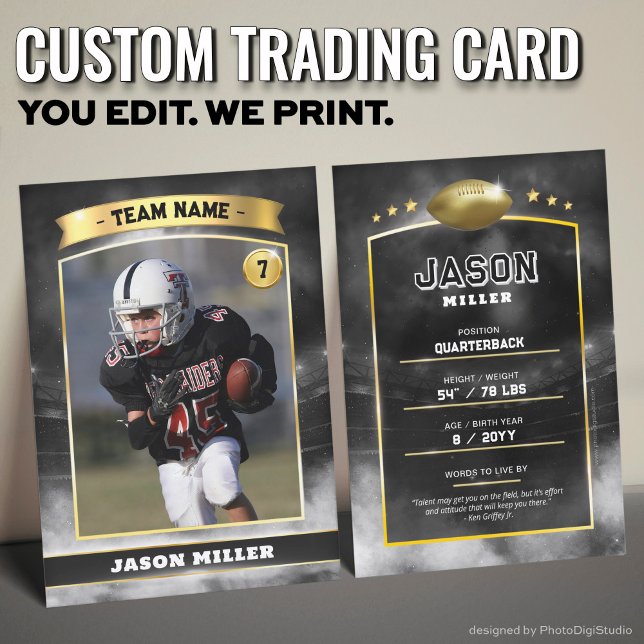 Tarjeta de personalizado de fútbol Estadio de Oro  (Custom Trading Card Black, Editable Football Trading Card, Modern Black Gold Stadium Design)