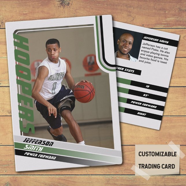 Tarjeta de Personalizado de jugador de baloncesto  (Basketball Player Trading Card in Grey with custom team name and player name with Green stripes
)