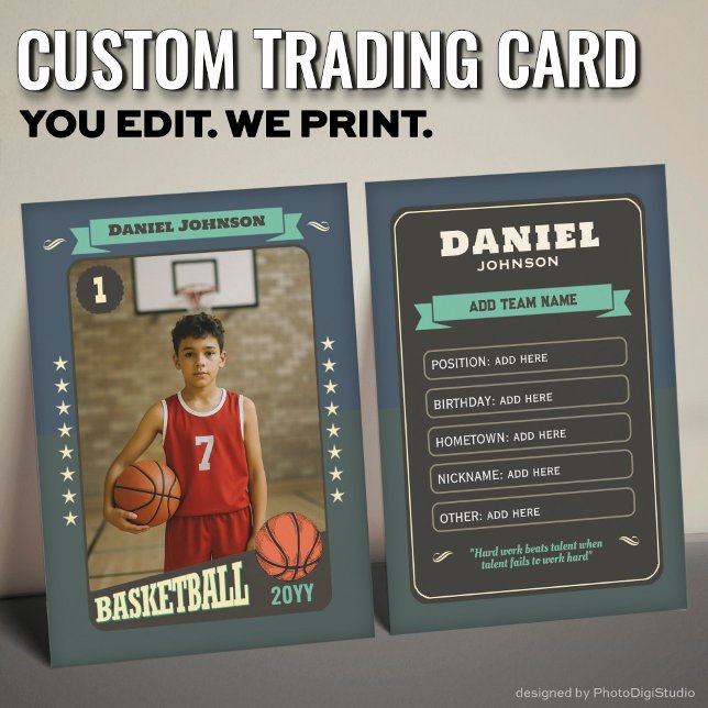 Tarjeta de Personalizado Retro de Baloncesto Tarje (Custom Basketball Trading Card, Teal Retro Player Card)