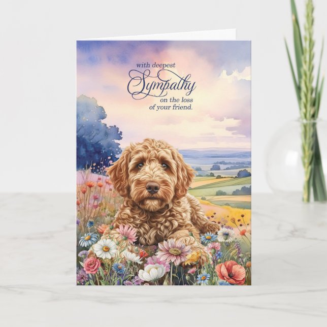 Tarjeta de pésame para Goldendoodle en campo de fl (Anverso)