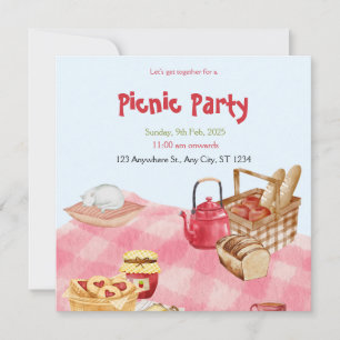 Tarjeta de picnic de acuarela floral azul roja