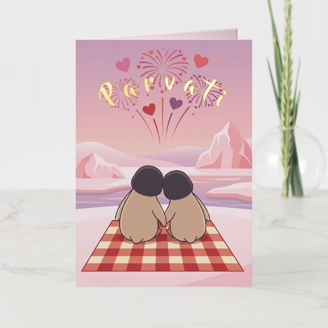Tarjeta de picnic del Día de San Valentín de pingü (Anverso)