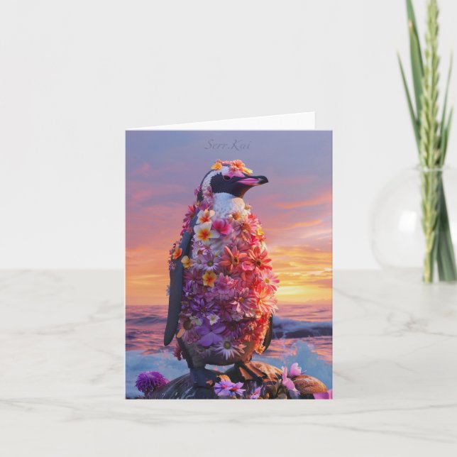 Tarjeta de pingüino de flores (Anverso)