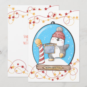 Tarjeta de pingüino de Navidad en globo de nieve