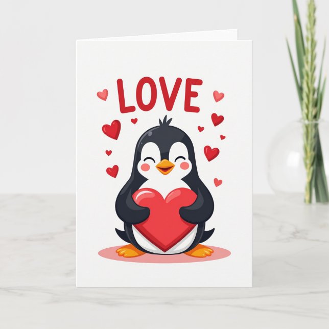 Tarjeta de pingüino de San Valentín roja (Anverso)