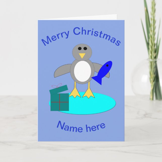 Tarjeta de Pingüino Pescando en Navidad (Anverso)