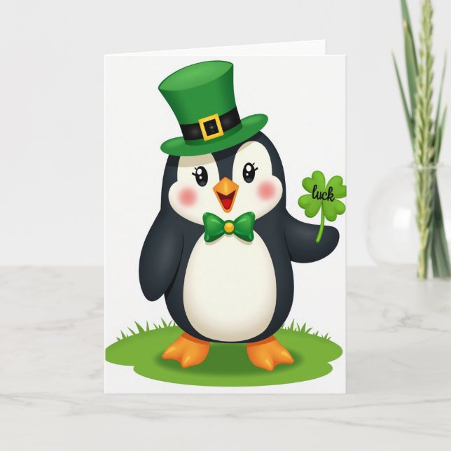 Tarjeta de pingüino verde con sombrero de copa Luc (Anverso)