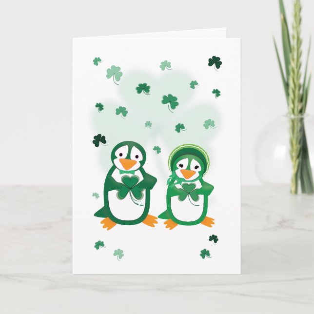 Tarjeta de pingüinos del Día de San Paddy (Anverso)