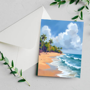 Tarjeta de pintura acuarela de la costa del océano