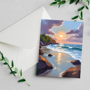 Tarjeta de pintura acuarela de la costa del océano