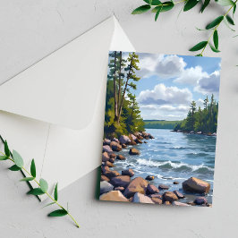 Tarjeta de pintura acuarela de la orilla del lago 