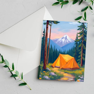 Tarjeta de pintura acuarela de montaña de camping