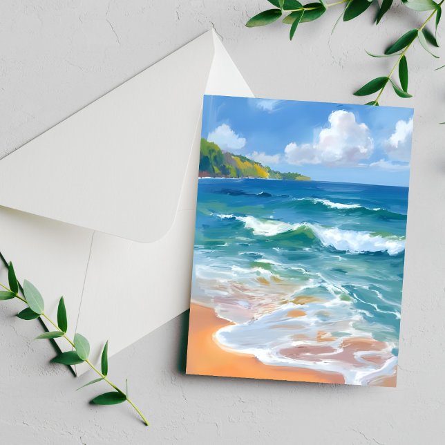 Tarjeta de pintura acuarela de olas azules costera (Subido por el creador)
