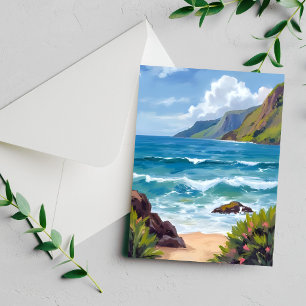 Tarjeta de pintura acuarela de olas azules de la o