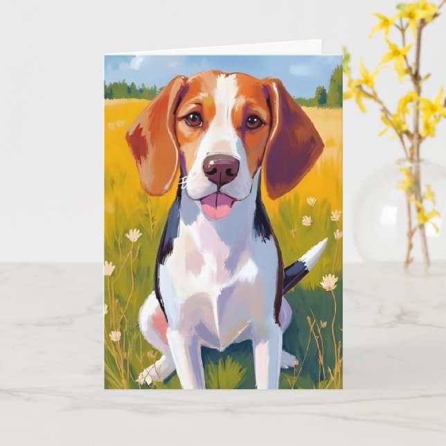 Tarjeta de pintura acuarela de perro Beagle (flor amarilla)