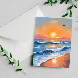 Tarjeta de pintura acuarela de puesta de sol en el