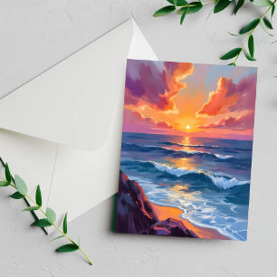 Tarjeta de pintura acuarela de puesta de sol en el