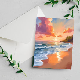 Tarjeta de pintura acuarela de puesta de sol en la