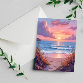 Tarjeta de pintura acuarela de puesta de sol en la