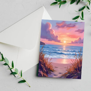 Tarjeta de pintura acuarela de puesta de sol en la
