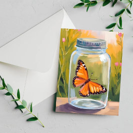 Tarjeta de pintura acuarela de tarro de mariposa m