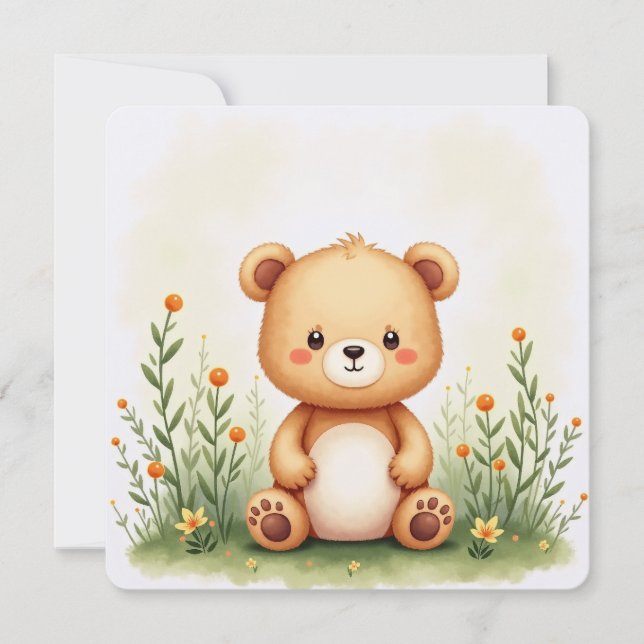Tarjeta de pintura acuarela de un oso pequeño y li (Anverso)