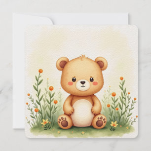 Tarjeta de pintura acuarela de un oso pequeño y li