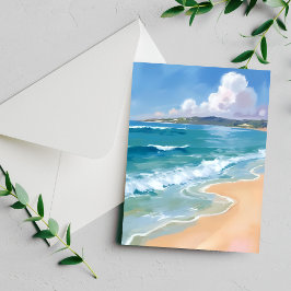 Tarjeta de pintura costera azul de olas de acuarel