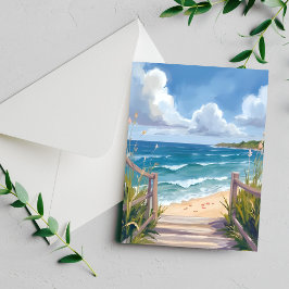 Tarjeta de pintura de acuarela de camino de playa 