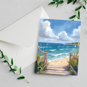 Tarjeta de pintura de acuarela de camino de playa 