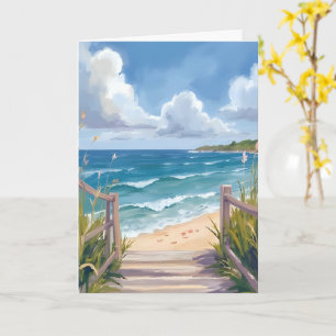 Tarjeta de pintura de acuarela de camino de playa