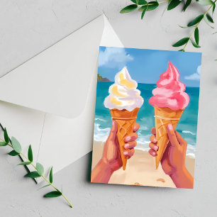 Tarjeta de pintura de acuarela de helado playa océ