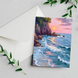 Tarjeta de pintura de acuarela de puesta de sol de