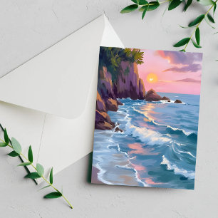 Tarjeta de pintura de acuarela de puesta de sol de